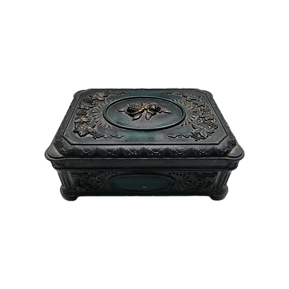 Trinket Box Vintage Ornate Mid Century Floral Embrossed Green Rose Embrossed